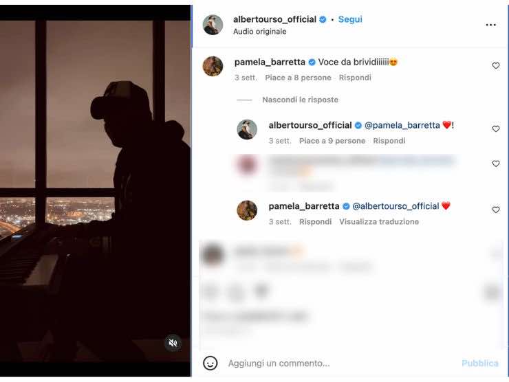 Alberto Urso e il commento di Pamela Barretta (foto instagram)