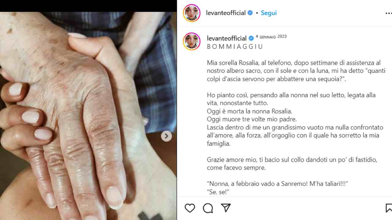 L'ultimo saluto di Levante alla propria nonna condiviso sui social (credits: Levante/ Instagram) - Velvetgossip