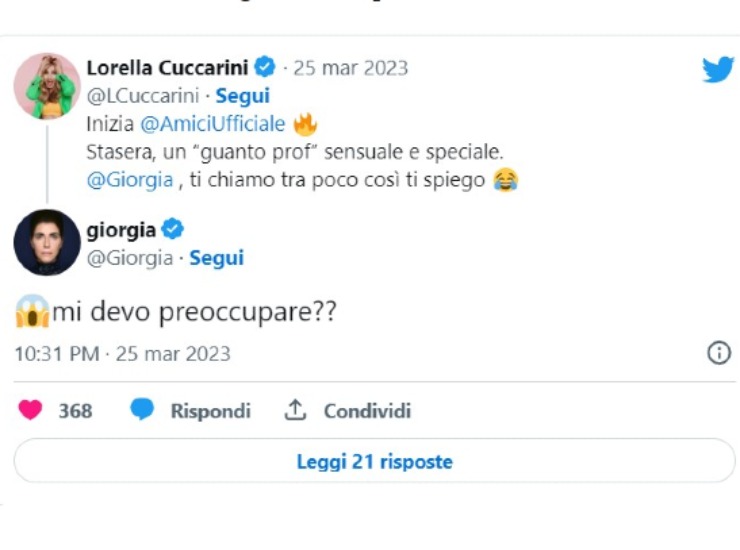 Lorella Cuccarini e Giorgia, il tweet
