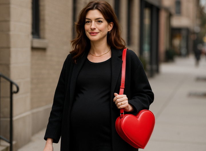 Anne Hathaway premaman: la borsa rossa a cuore che conquista tutti