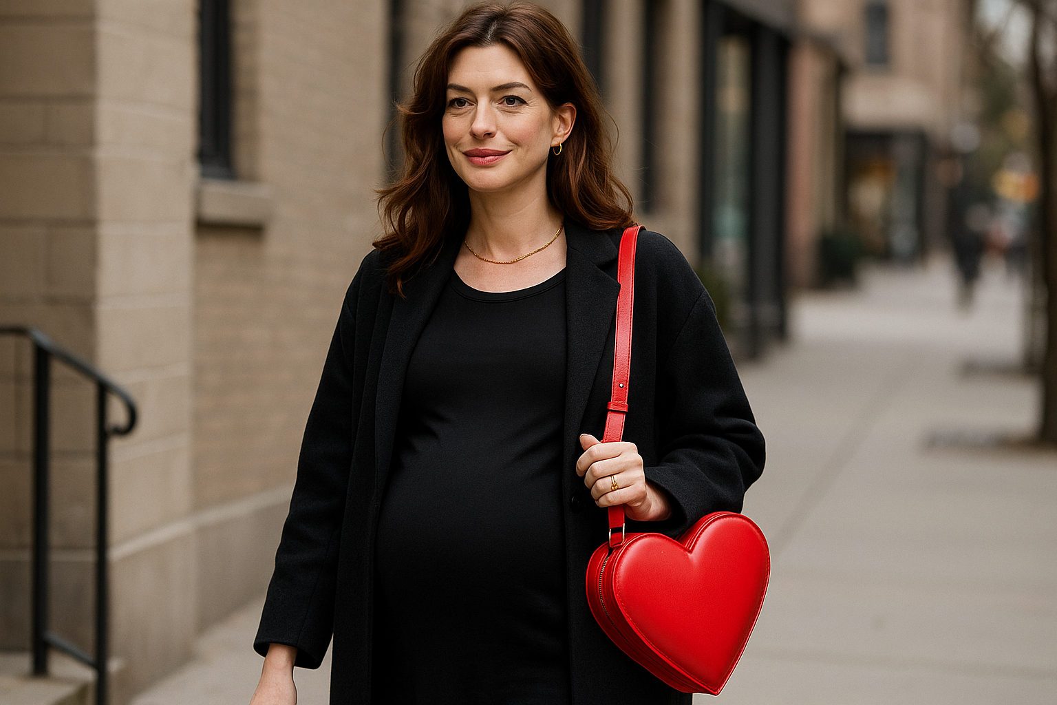Anne Hathaway premaman: la borsa rossa a cuore che conquista tutti