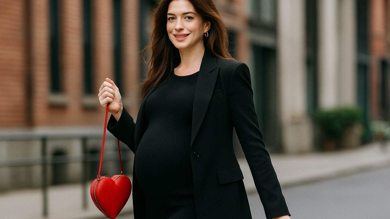 Anne Hathaway incinta sfoggia il look premaman con la borsa rossa a cuore: il dettaglio che conquista