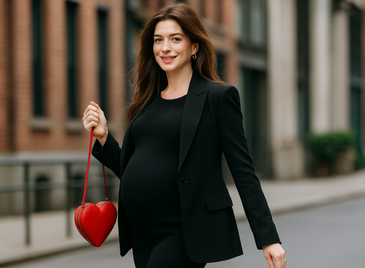 Anne Hathaway incinta sfoggia il look premaman con la borsa rossa a cuore: il dettaglio che conquista