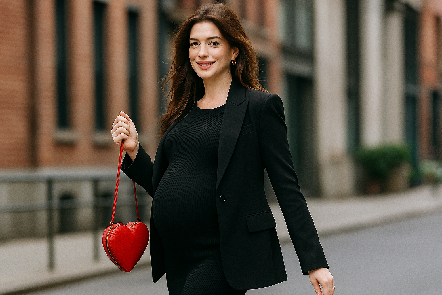 Anne Hathaway incinta sfoggia il look premaman con la borsa rossa a cuore: il dettaglio che conquista