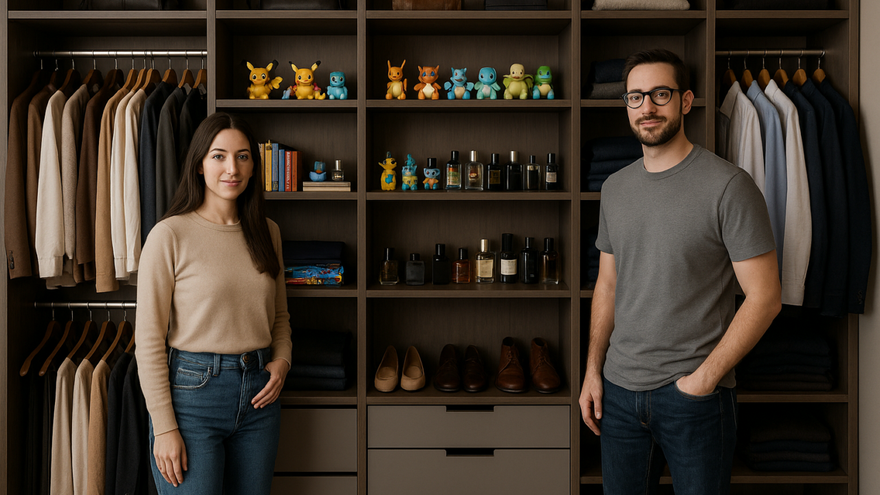 La cabina armadio di Veronica Peparini e Andreas Muller: tra profumi e carte Pokémon