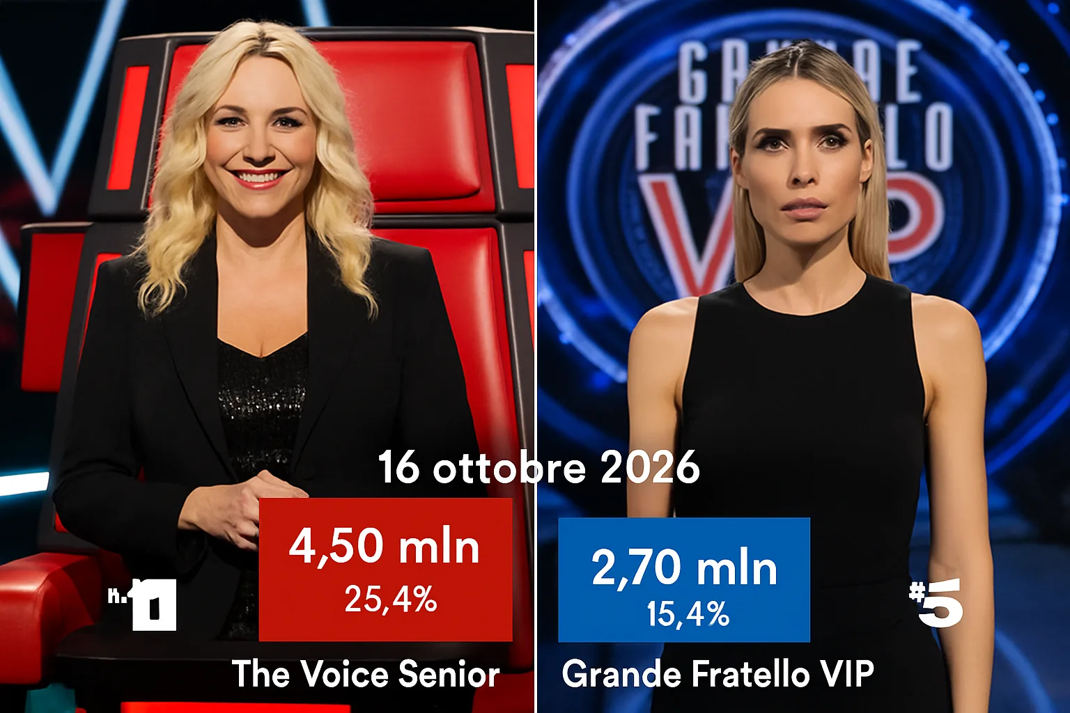 Ascolti TV 16 ottobre: The Voice Senior stravince (24.1%), GF Vip fermo al 16.6%